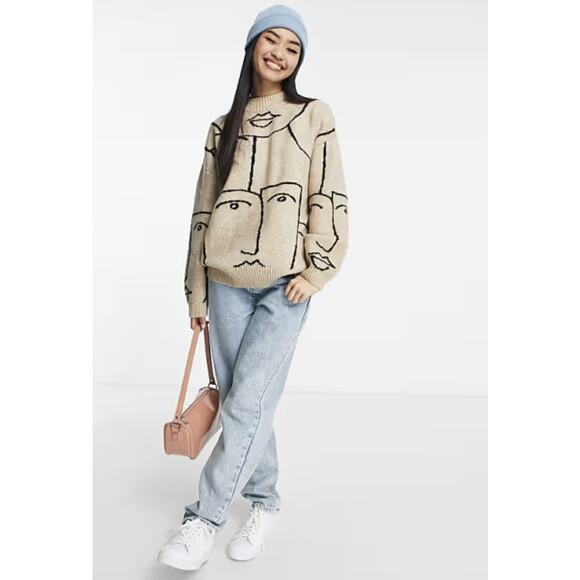 Monki Sweaters - Monki knit jacquard face sweater in beige